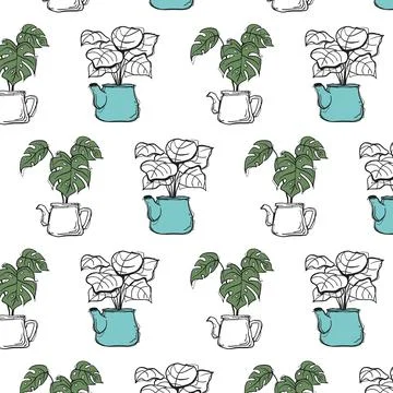 Seamless Pattern Hand Drawn Doodle Monstera and Tropical Plants in Teapots .. Stock Illustration