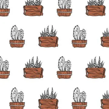Seamless Pattern Hand Drawn Doodle Cactus and Snake Plant in Wooden Planter.. Stock Illustration