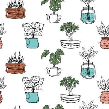 Seamless Pattern Hand Drawn Doodle Mixed Tropical Houseplants in Various Po.. Stock Illustration