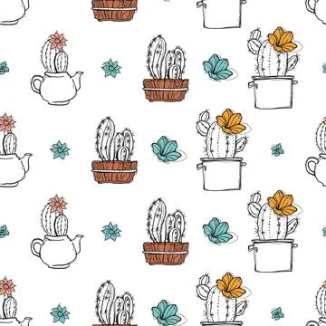 Seamless Pattern Hand Drawn Doodle Blooming Cacti Succulents Various Pots C.. Stock Illustration