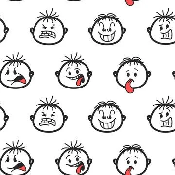 Seamless Pattern Hand Drawn Doodle Boy Faces Angry Funny Emotions Red Tongu.. Stock Illustration