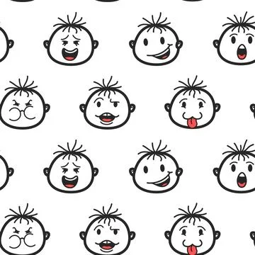 Seamless Pattern Hand Drawn Doodle Boy Faces Happy Smile Wink Emotions Sket.. Stock Illustration