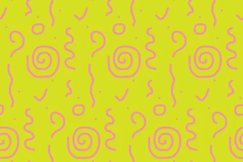 Seamless pattern with hand drawn doodles. Pink elements on yellow board Stock Illustration