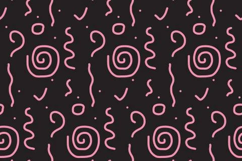 Seamless pattern with hand drawn doodles. Pink elements on black board Stock Illustration