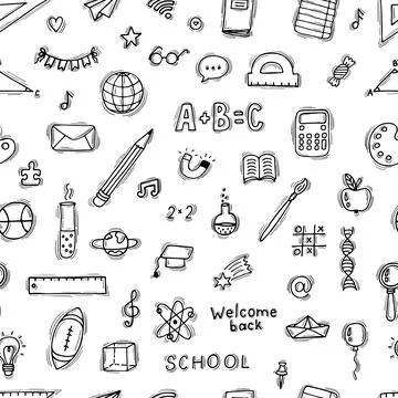 Seamless pattern with hand drawn educational school elements. Back to schoo.. Stockillustratie