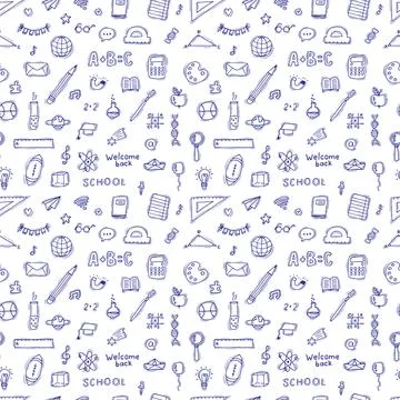 Seamless pattern with hand drawn educational school elements. Back to schoo.. Illustrazione stock