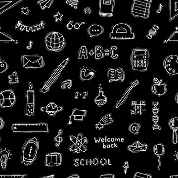 Seamless pattern with hand drawn educational school elements. Welcome back... Stock Illustration