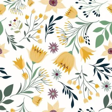 Seamless pattern with hand drawn elements, flowers and plants Stock Illustration