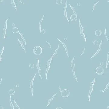 Seamless pattern with hand drawn elements of seaweed and air bubbles for textile Stock Illustration
