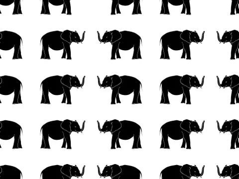 Seamless pattern with hand drawn elephant silhouettes vector illustration. Black Stock Illustration
