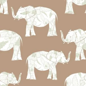 Seamless pattern with hand drawn elephant silhouettes vector illustration. Sage Stock Illustration