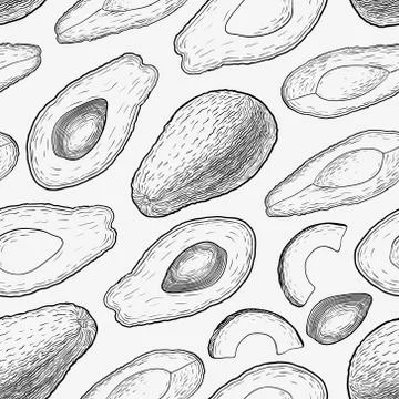 Seamless pattern with hand drawn engraved avocado isolated on white background Illustrazione stock