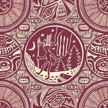 Seamless pattern with hand drawn ethnic tribal round decorative symbols. Stock Illustration