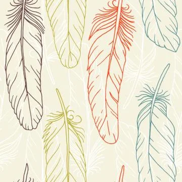 Seamless pattern of hand drawn feathers Stock Illustration
