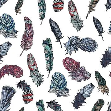 Seamless pattern with hand drawn feathers on white background. Illustrazione stock