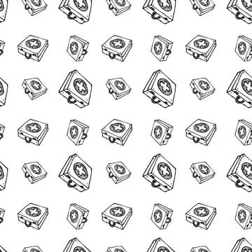 Seamless pattern hand drawn first-aid kit doodle. Sketch style icon. Decorati 스톡 일러스트