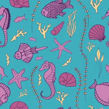 Seamless pattern with hand drawn fishes Stock Illustration