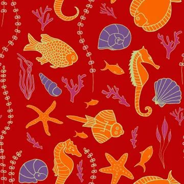 Seamless pattern with hand drawn fishes Stock Illustration