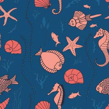 Seamless pattern with hand drawn fishes Stock Illustration