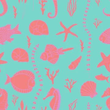 Seamless pattern with hand drawn fishes Illustrazione stock