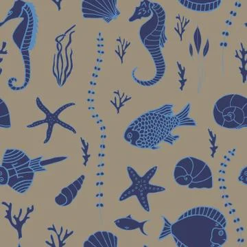 Seamless pattern with hand drawn fishes Stock Illustration