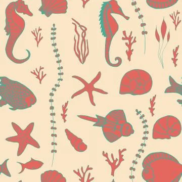 Seamless pattern with hand drawn fishes Stock Illustration
