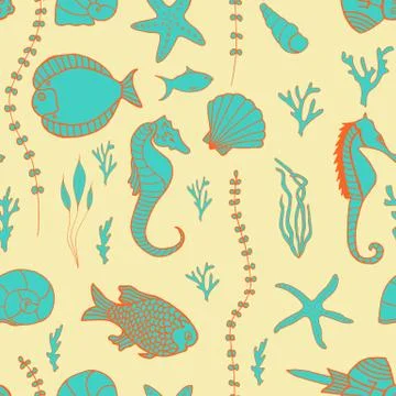 Seamless pattern with hand drawn fishes Stock Illustration