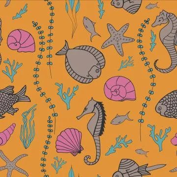 Seamless pattern with hand drawn fishes Stock Illustration