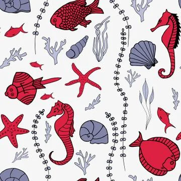 Seamless pattern with hand drawn fishes Stock Illustration