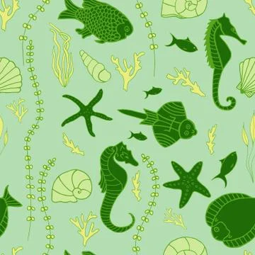 Seamless pattern with hand drawn fishes Stock Illustration