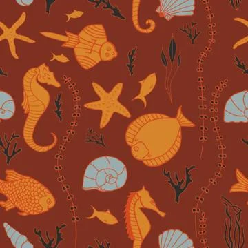 Seamless pattern with hand drawn fishes Stock Illustration