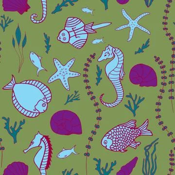 Seamless pattern with hand drawn fishes Stock Illustration