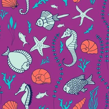 Seamless pattern with hand drawn fishes Stock Illustration