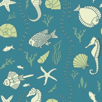 Seamless pattern with hand drawn fishes Stock Illustration