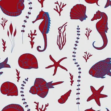 Seamless pattern with hand drawn fishes Stock Illustration
