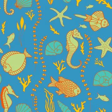 Seamless pattern with hand drawn fishes Stock Illustration