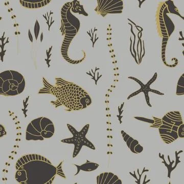 Seamless pattern with hand drawn fishes Stock Illustration