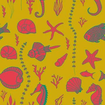 Seamless pattern with hand drawn fishes Stock Illustration