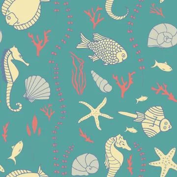 Seamless pattern with hand drawn fishes Stock Illustration