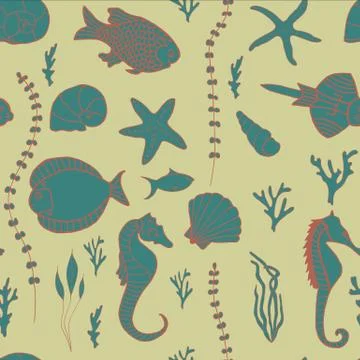 Seamless pattern with hand drawn fishes Stock Illustration