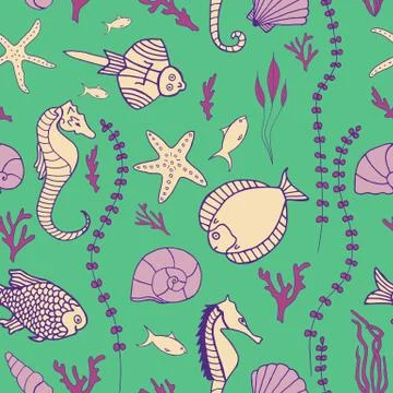 Seamless pattern with hand drawn fishes Stock Illustration