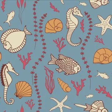 Seamless pattern with hand drawn fishes Stock Illustration