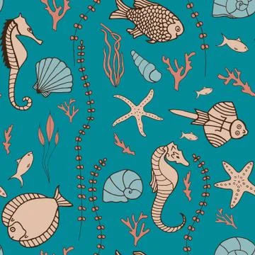 Seamless pattern with hand drawn fishes Stock Illustration