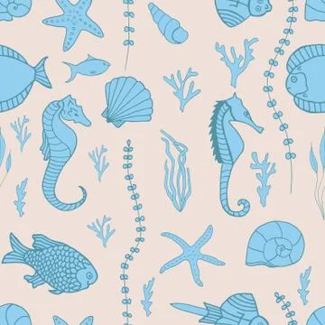Seamless pattern with hand drawn fishes Illustrazione stock
