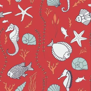 Seamless pattern with hand drawn fishes Illustrazione stock