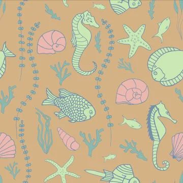 Seamless pattern with hand drawn fishes Stock Illustration