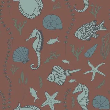 Seamless pattern with hand drawn fishes Stock Illustration