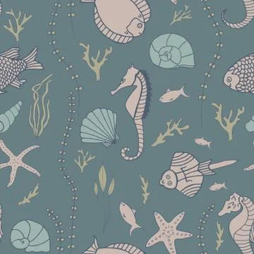 Seamless pattern with hand drawn fishes Stock Illustration