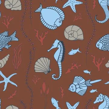 Seamless pattern with hand drawn fishes Stock Illustration