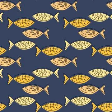 Seamless pattern with hand drawn fishes, doodle style. Silhouettes and contou Stock Illustration